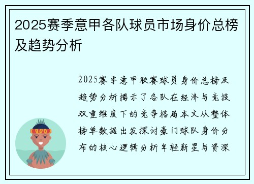 2025赛季意甲各队球员市场身价总榜及趋势分析